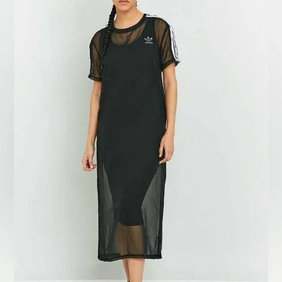 adidas Black Mesh Midi Dress with White Stripes - Picture 2 of 6